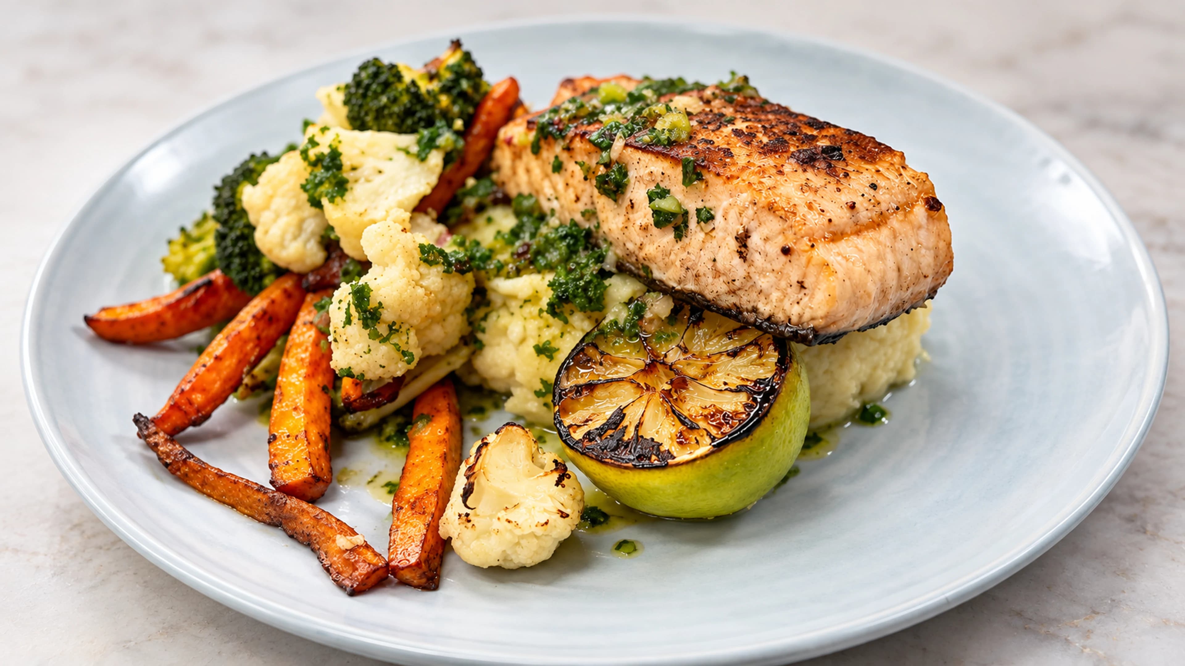 AI-enhanced photo of fish with grilled lime and vegetables