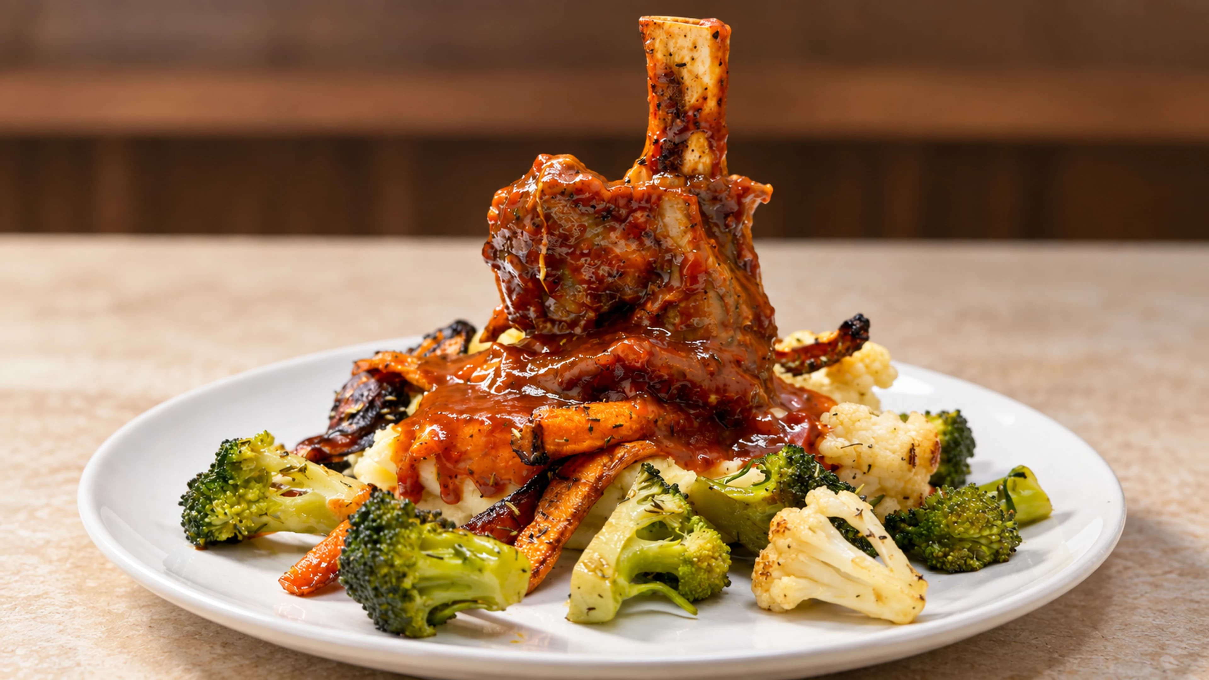 AI-enhanced photo of sauced roast with vegetables