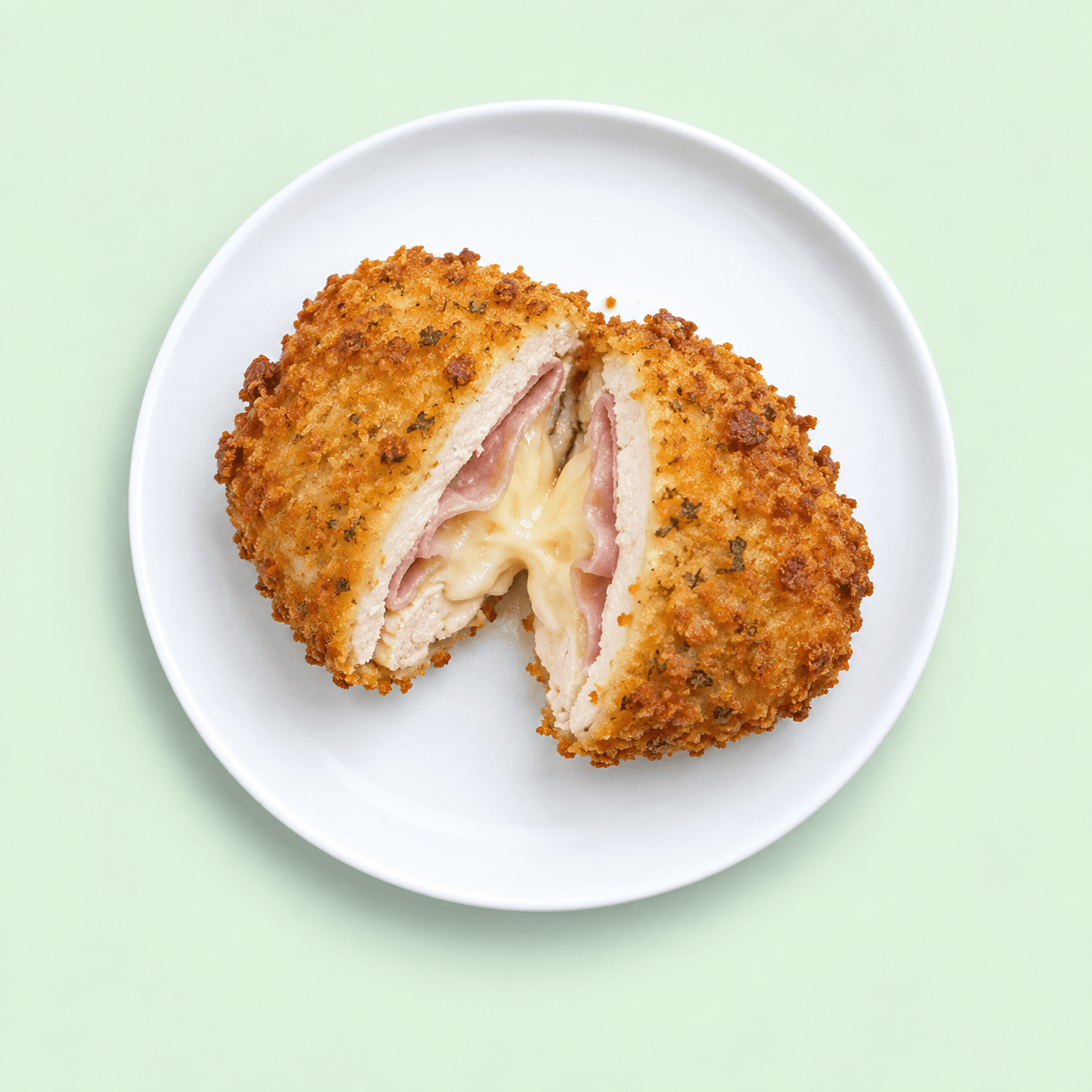 Crumbed cordon bleu cut open with ham and melted cheese