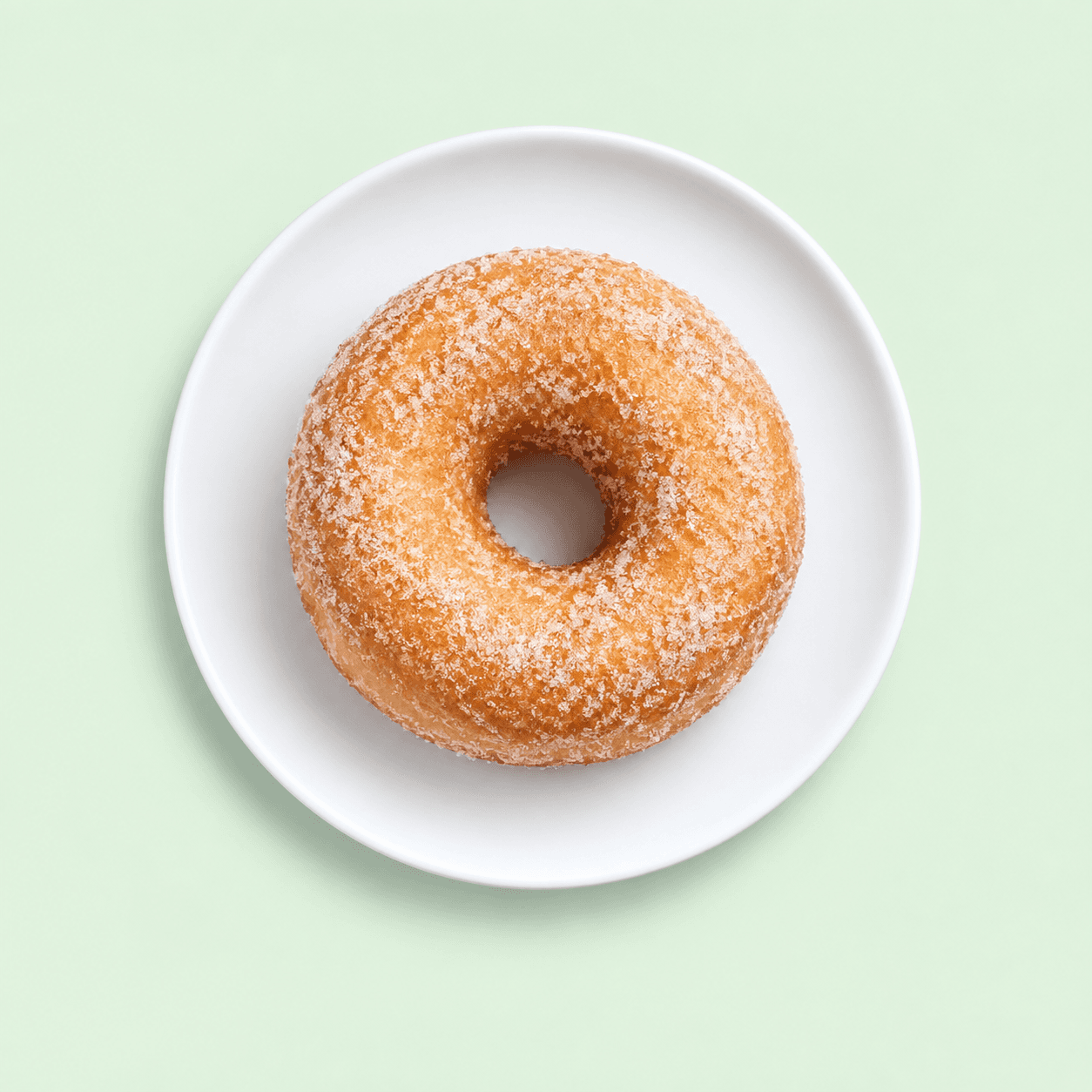 Sugar-dusted ring donut on a white plate