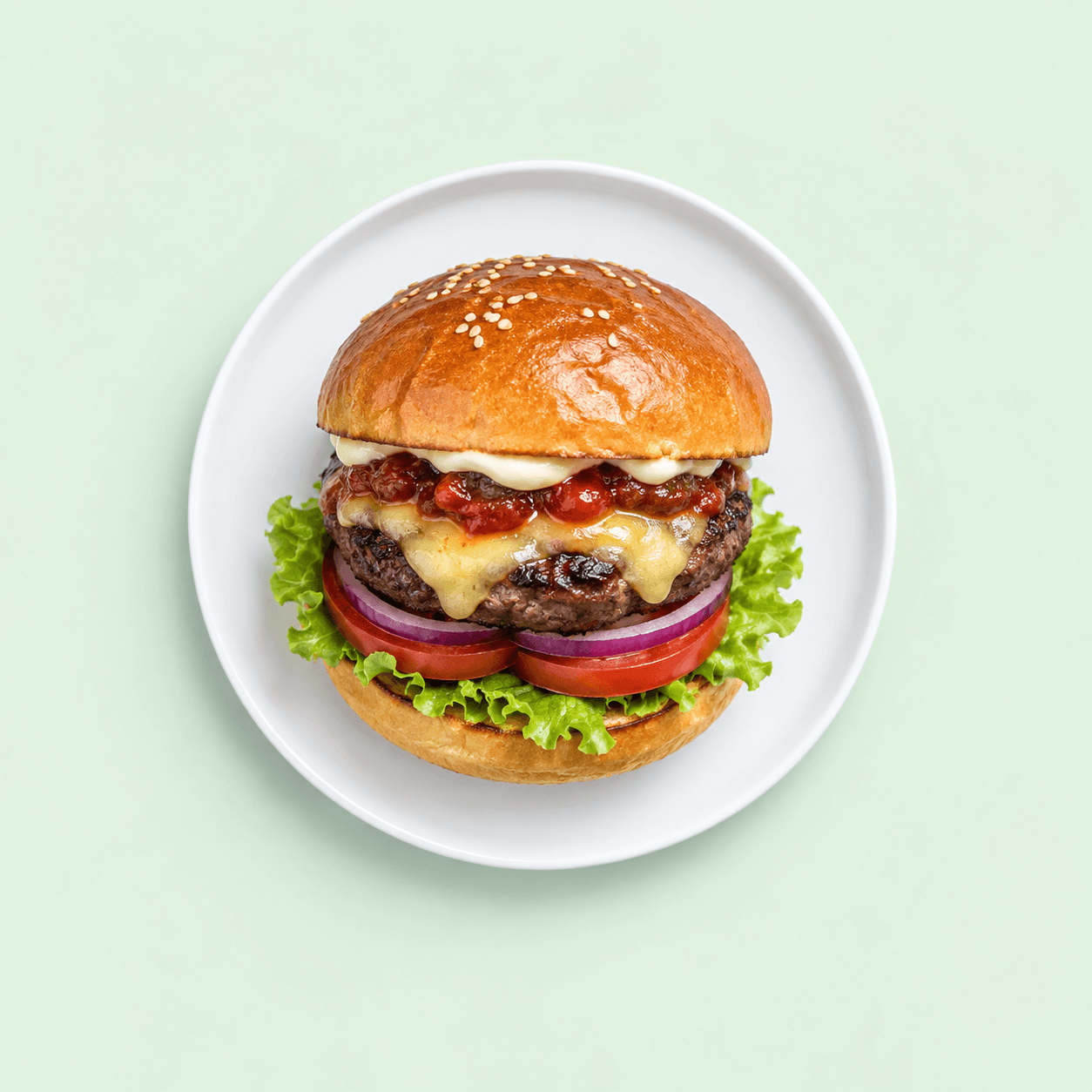 Traditional Angus beef burger with cheese and salad